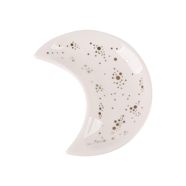 The Bleak Boutique Crescent Moon Ceramic Jewelry Valet Dish is a white trinket holder with gold star and dot patterns, perfect for displaying jewelry on any surface.