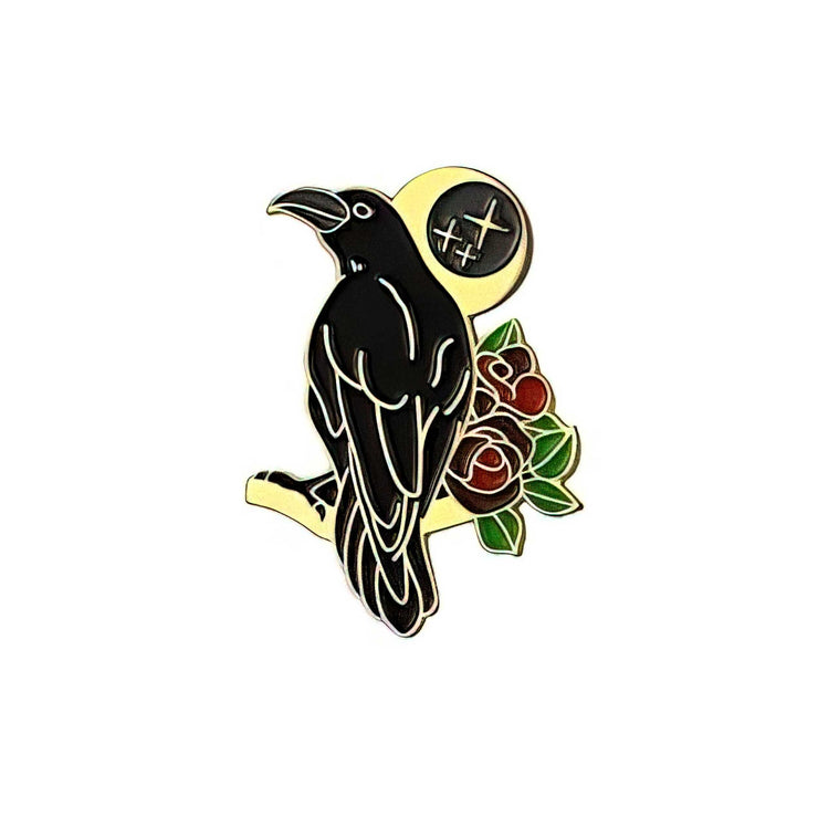 Raven, Moon & Flowers Enamel Lapel Pin