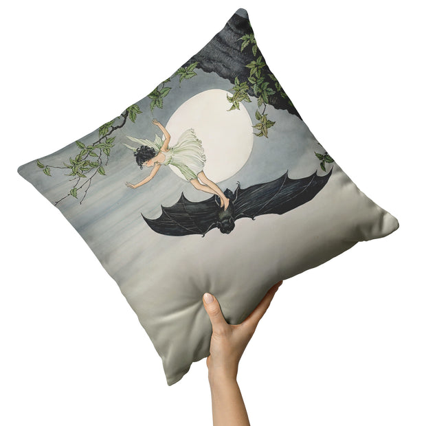 "Fairy Riding a Bat" Throw Pillow