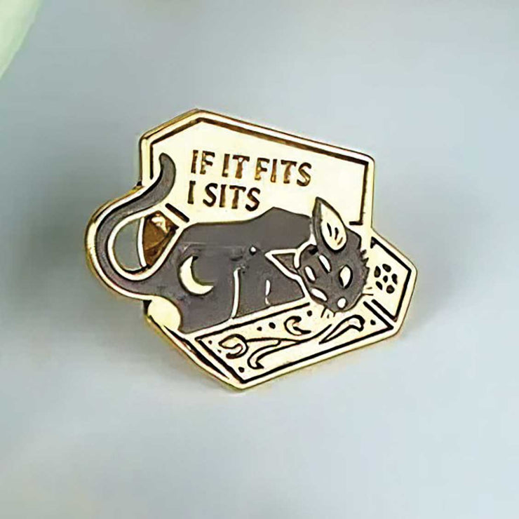 "If It Fits, I Sits" Coffin Cat Enamel Lapel Pin