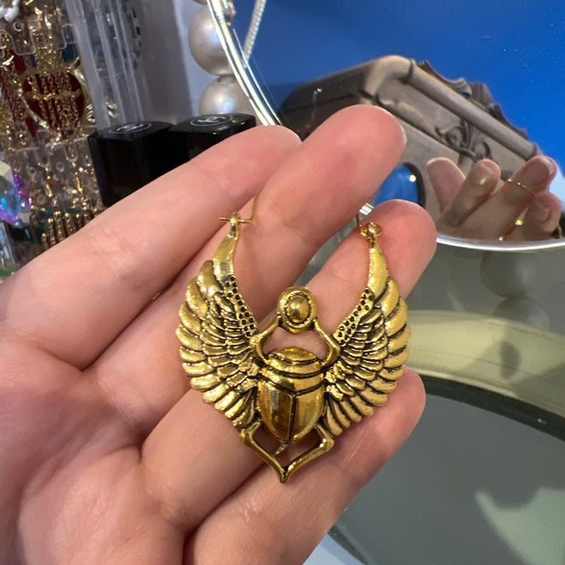 Egyptian Inspired Scarab Beetle Hoop Earrings