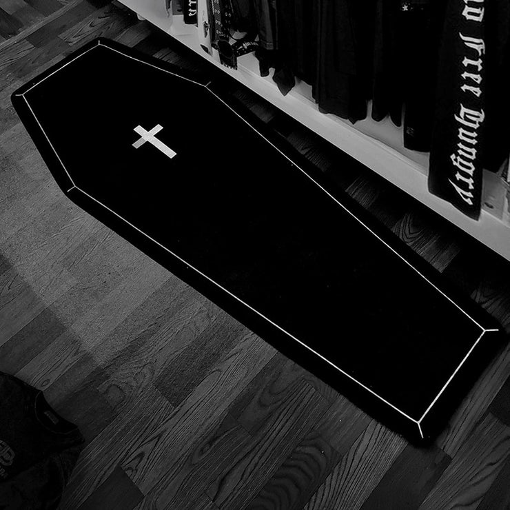 "Born in a Casket" Coffin-Shaped Throw Rug