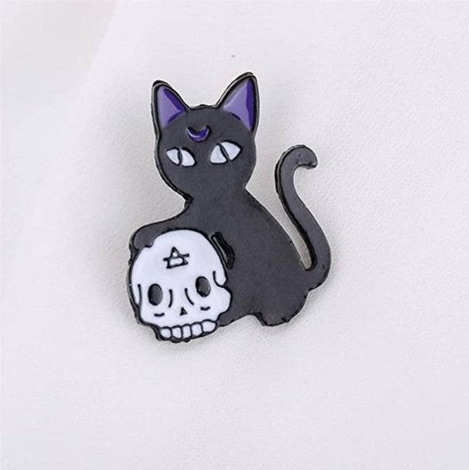 Black Cat with Skull Enamel Lapel Pin