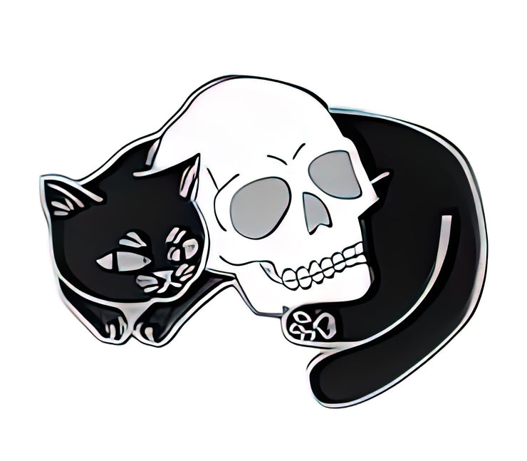 Cat Curled Around Skull Enamel Lapel Pin