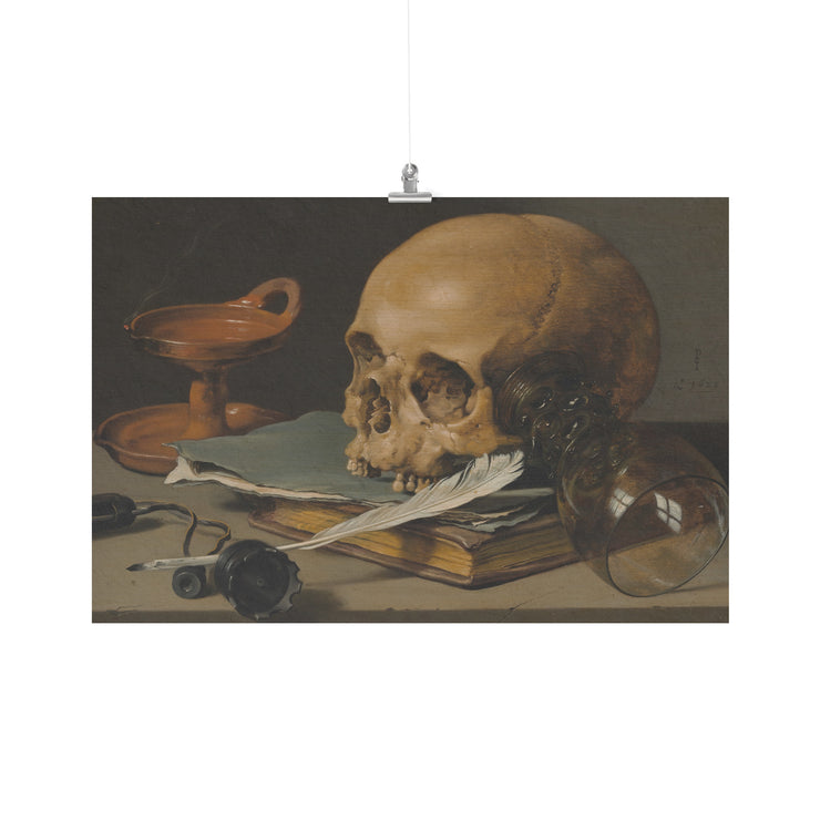 Affiche mate "Nature morte avec un crâne et une plume d'écriture"