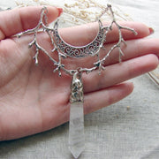 White Crystal Crescent Moon Branches Necklace