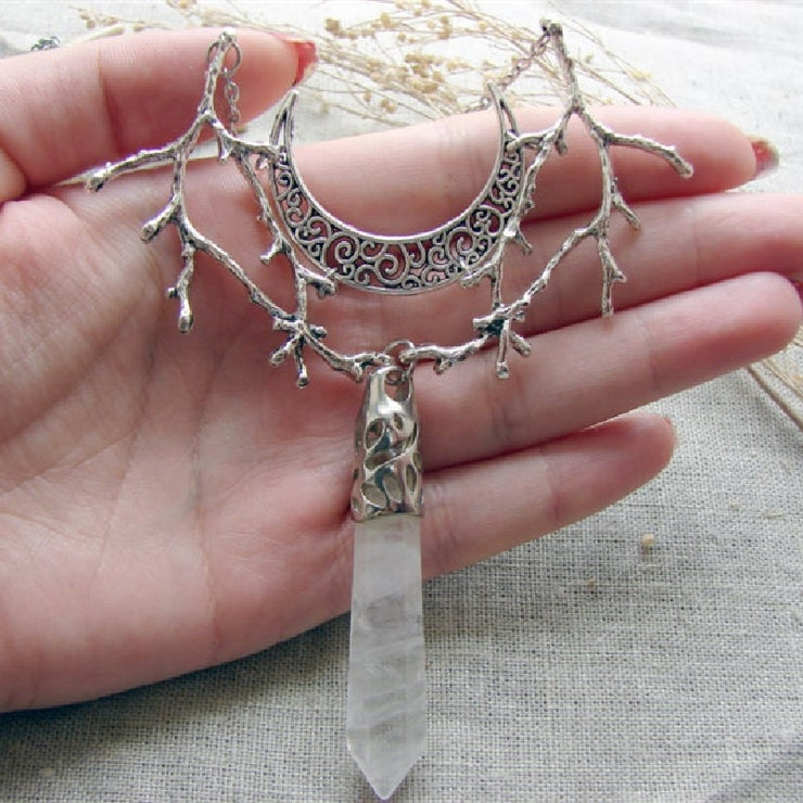 White Crystal Crescent Moon Branches Necklace