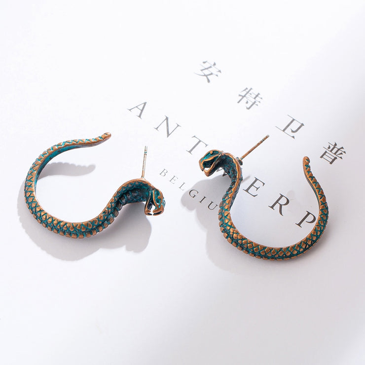 Snake Goddess Antique Copper Finish Cobra Hoop Earrings