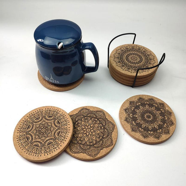 Mandala Design Round Wooden Coaster Set