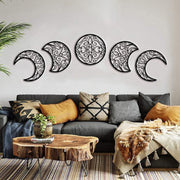 Ensemble de phases de lune découpées en bois de cinq pièces à suspendre au mur