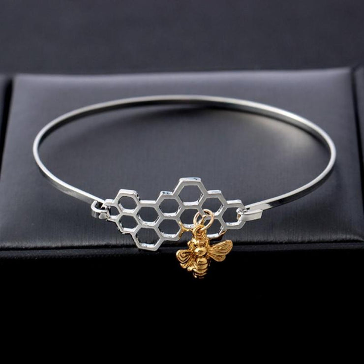 Honeycomb and Bee Silver Bangle Bracelet with Gold Charm on Black Fabric - Unique Gift for Bee Lovers