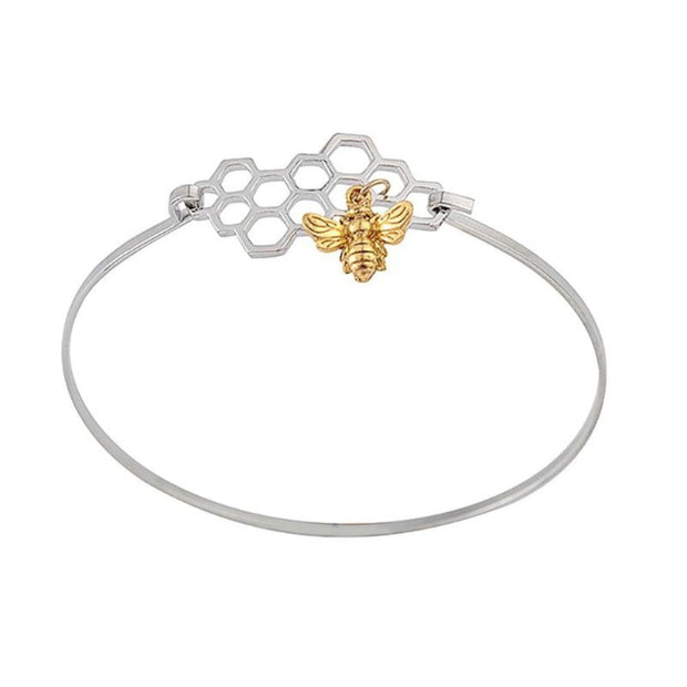 Honeycomb and Bee Silver Bangle Bracelet with Gold Charm on White Background - Unique Gift for Bee Lovers